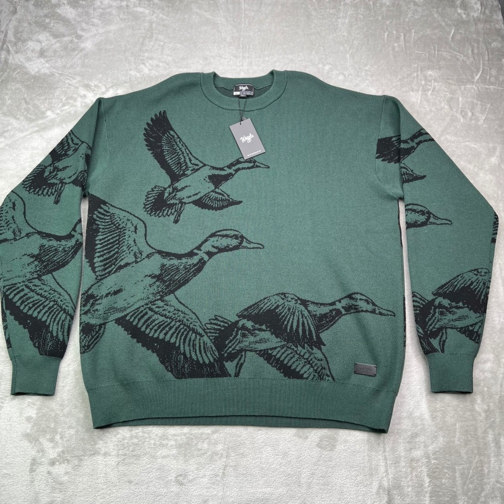 Waggle Migration Wildknit Sweater Mens 2XL Green Black Duck Graphic Crewneck‎